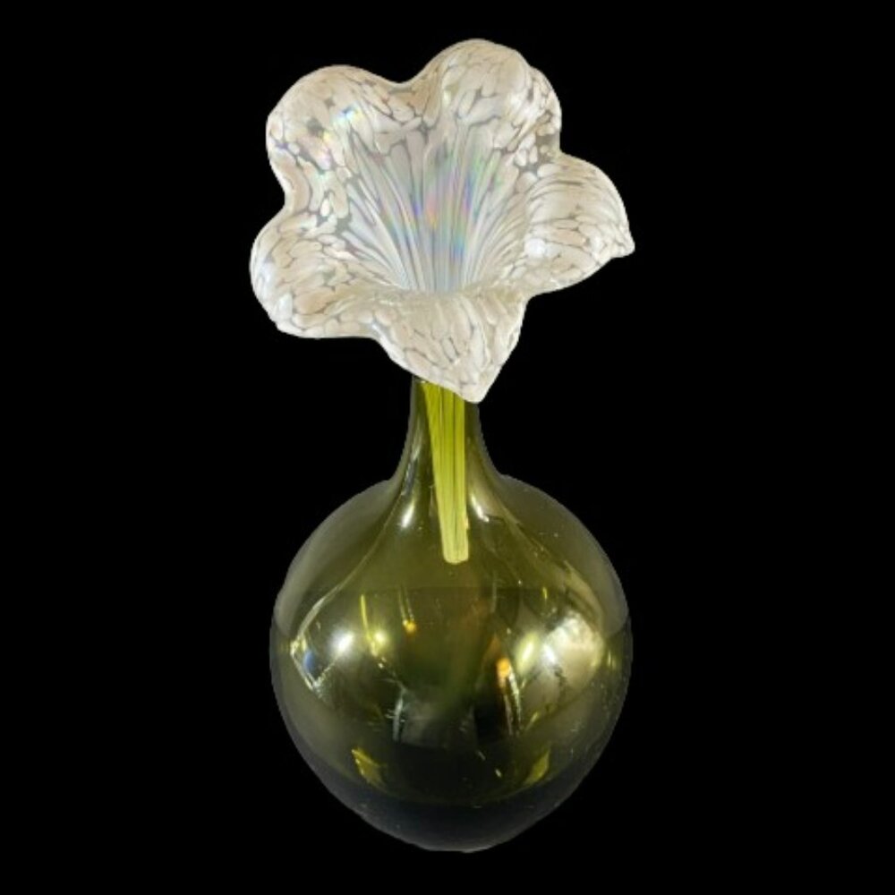 Handblown Glass Flower White & Clear Rainbow Iridescence Yellow Optic Effect